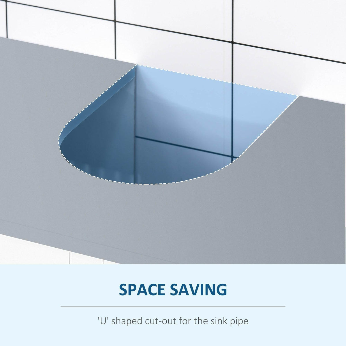 White cabinet countertop with rounded U-shaped cut-out for sink drain pipe