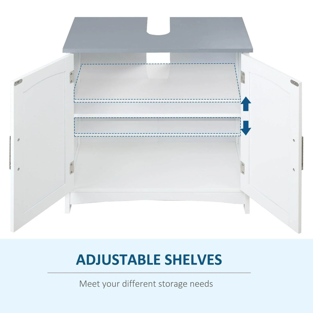 White under-sink cabinet interior with adjustable shelves and double open doors