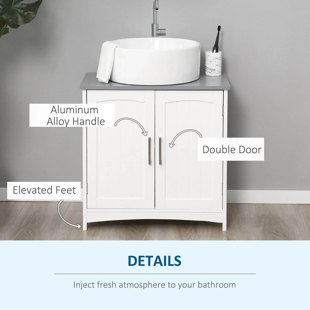 White under-sink cabinet with aluminum alloy handles, elevated feet, and double doors