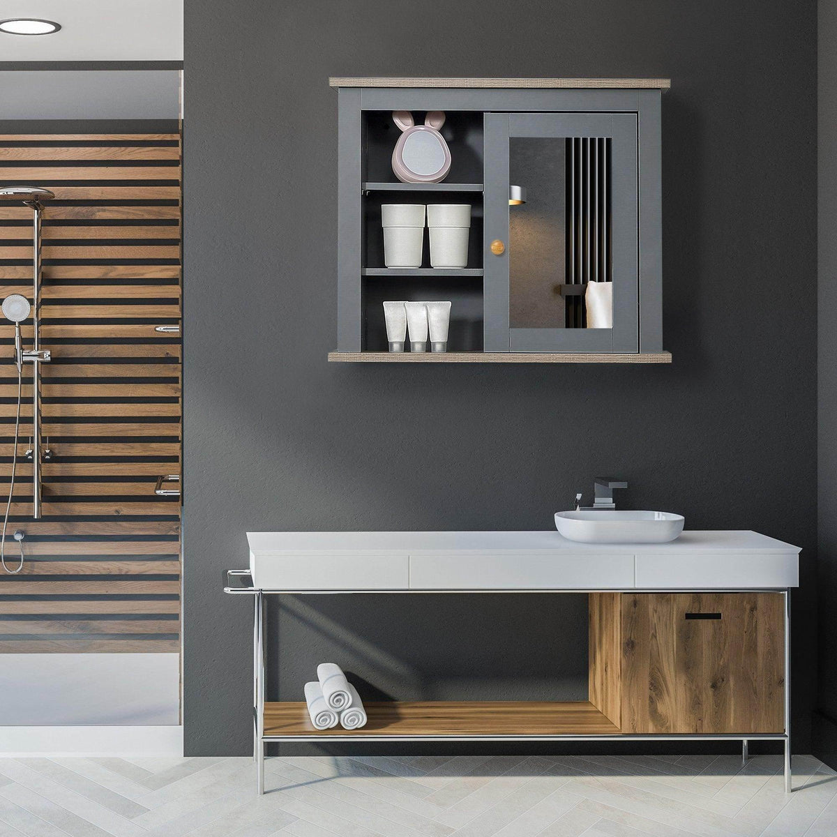 Grey bathroom wall mirror cabinet with open shelves and mirrored door