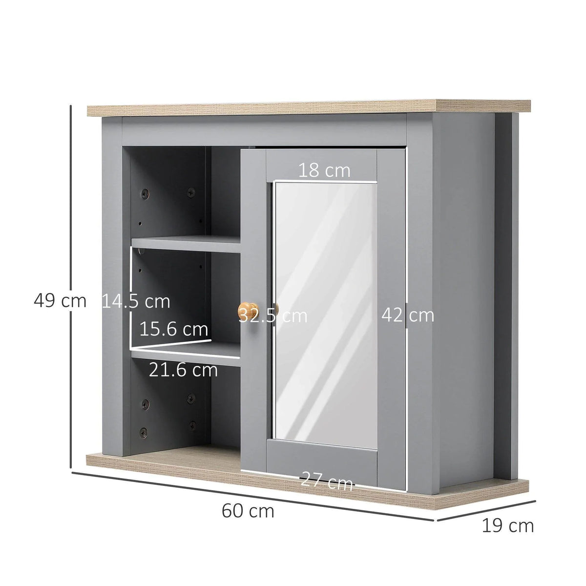 Grey wall mirror cabinet with mirrored door and open shelves, front view with size marks