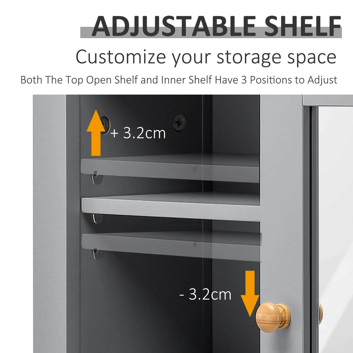 Adjustable shelf grey bathroom wall mirror cabinet; inner shelves adjust in 3.2 cm steps
