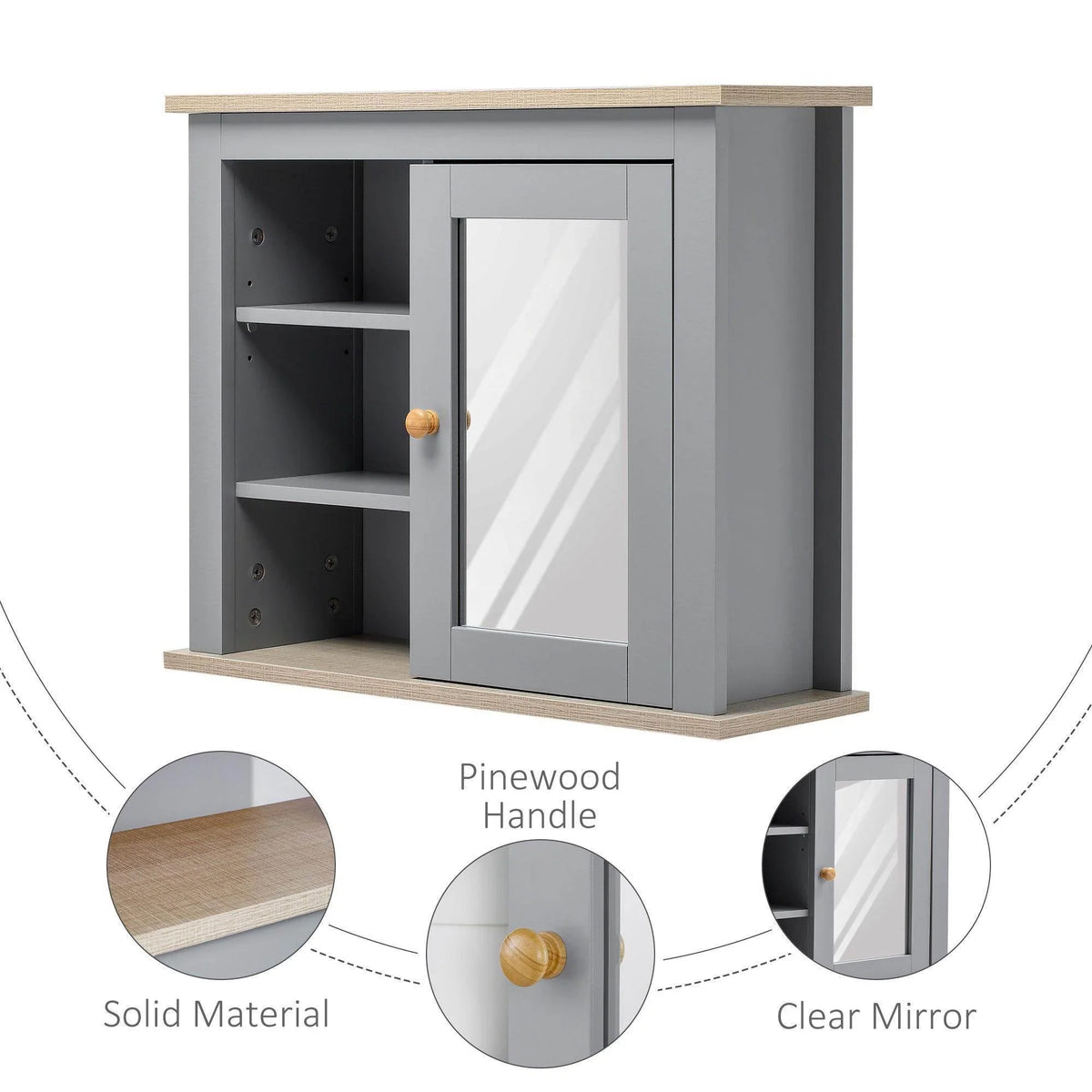 Grey bathroom wall mirror cabinet with clear mirrored door and pinewood knob handle