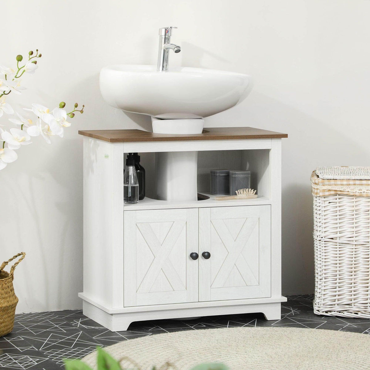 White under-sink bathroom vanity cabinet with two doors and open central storage
