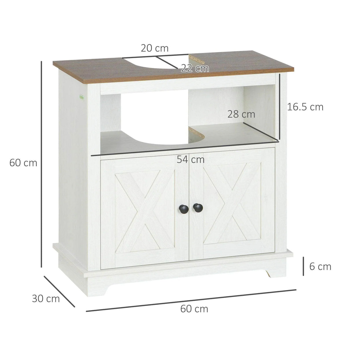 White under-sink bathroom vanity cabinet with two-door storage and open shelf