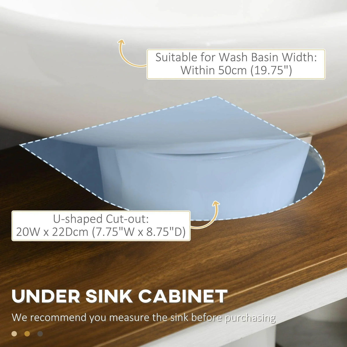 White under-sink vanity cabinet underside showing U-shaped cut-out area
