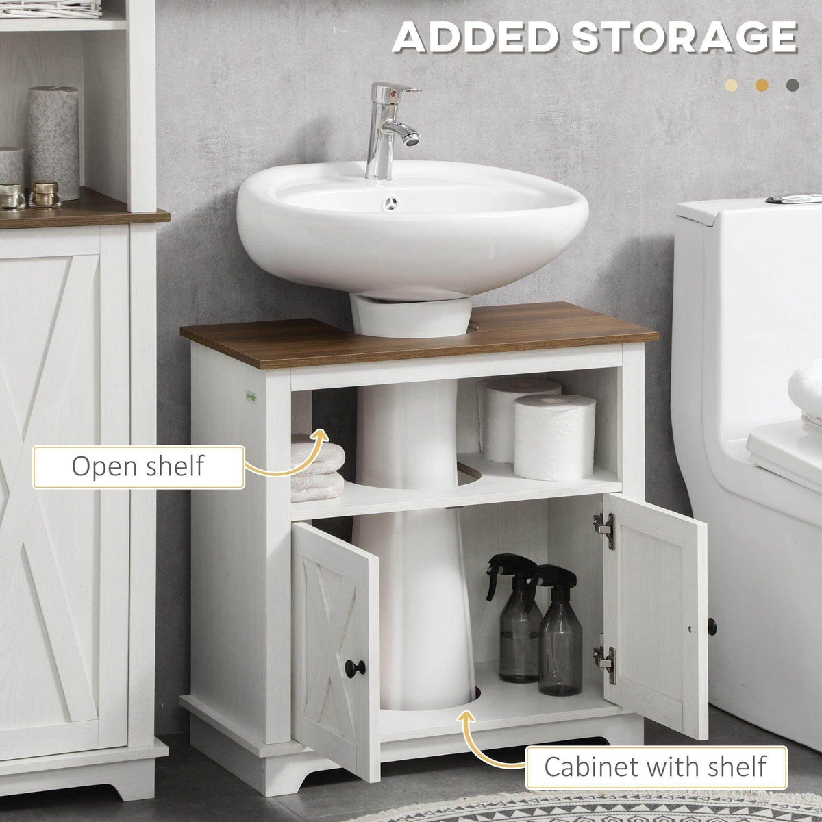 White under-sink vanity cabinet with open shelf and dual storage compartments