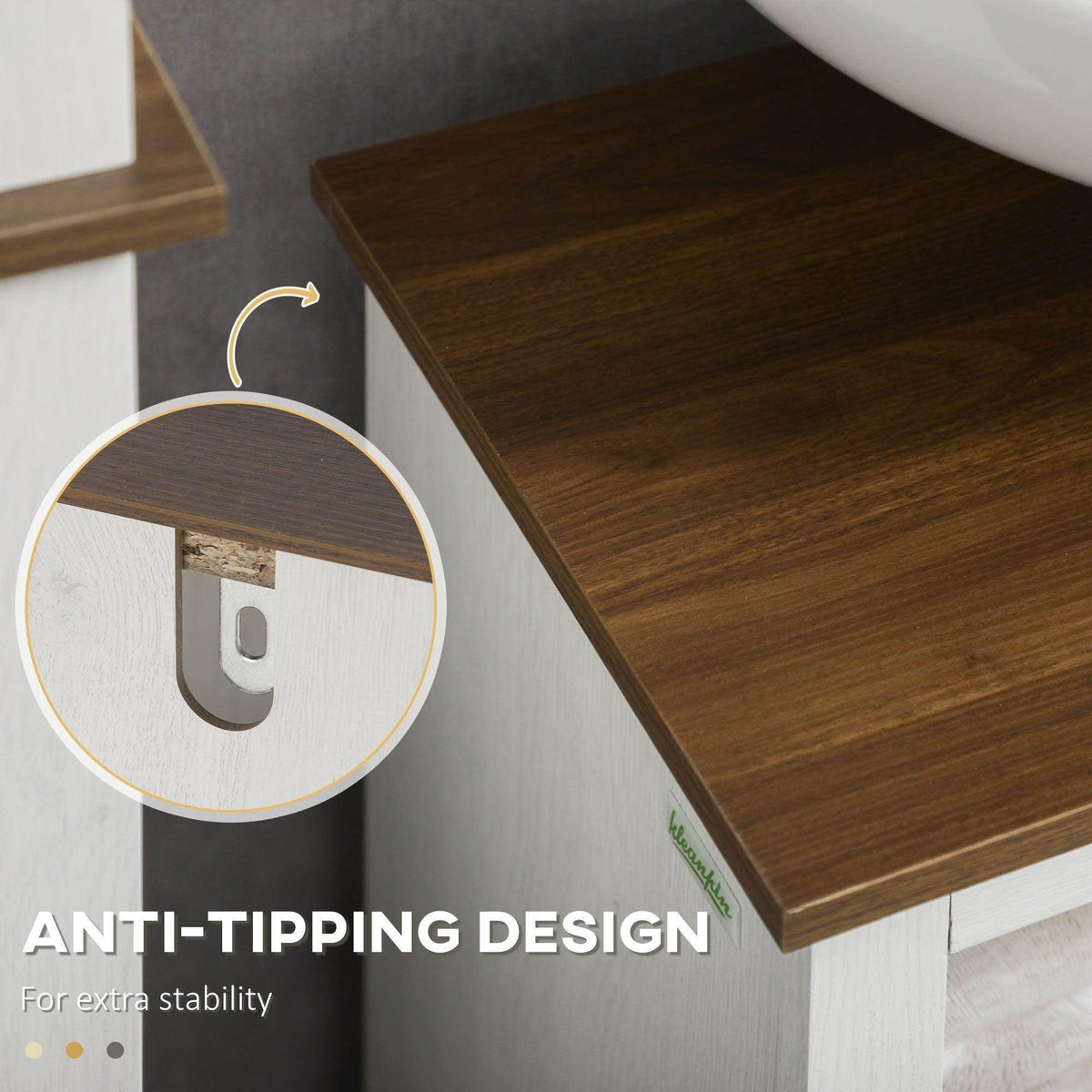 White vanity cabinet top edge with anti-tipping design support bracket