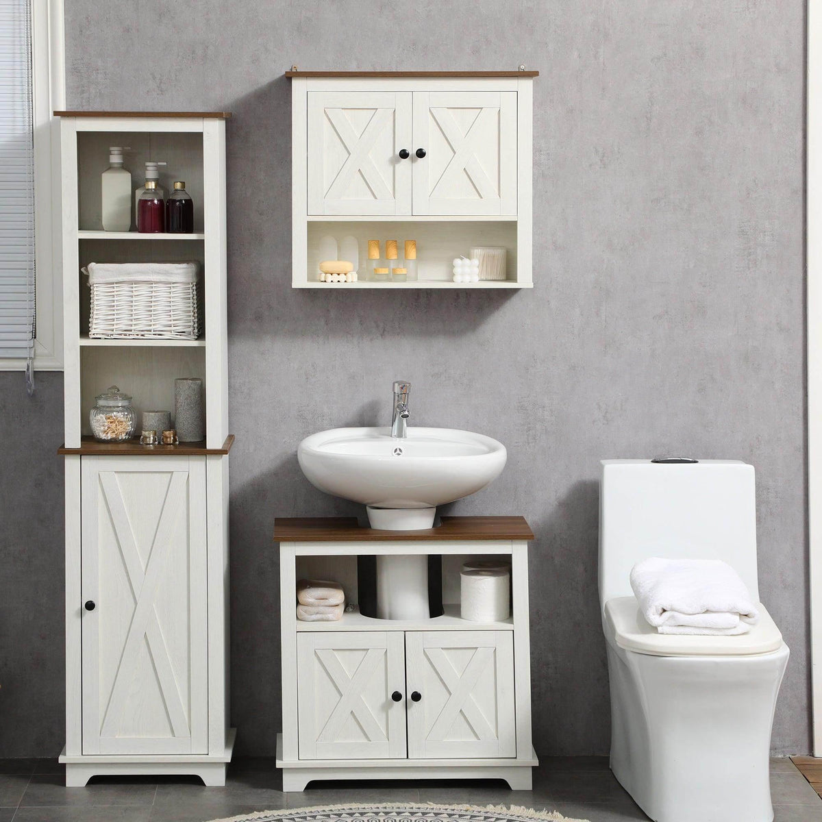 White bathroom vanity set with sink-ready cabinet, doors, and wall cabinet