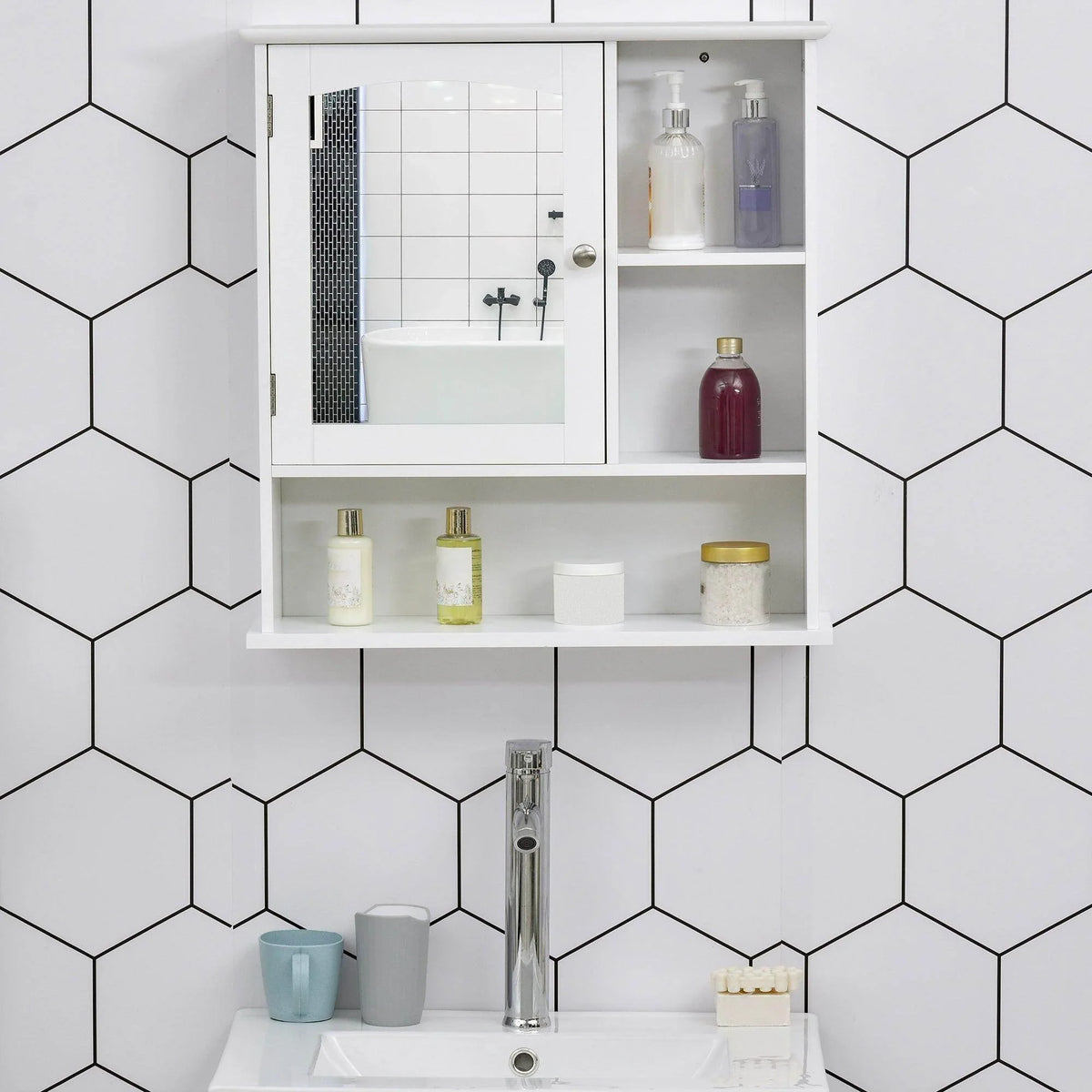 White wall-mount bathroom cabinet with clear mirrored door and open storage shelves