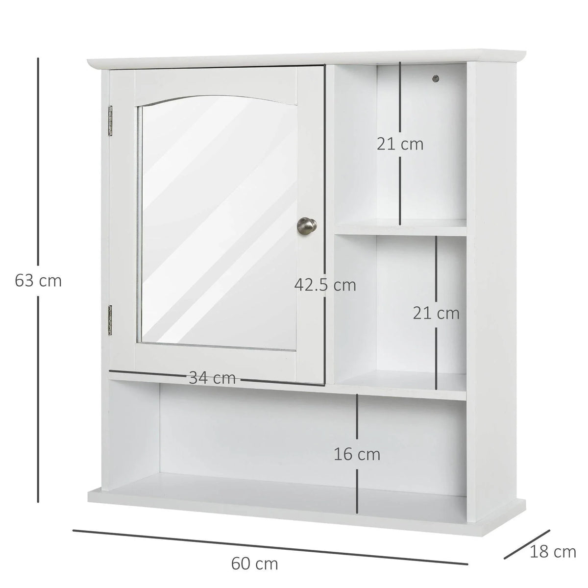 White wall-mount bathroom cabinet with mirrored door and open inner compartments