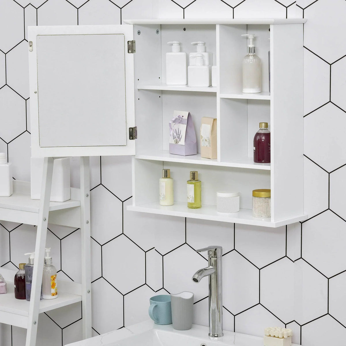 White wall-mount bathroom cabinet with hinged mirrored door and multiple storage shelves