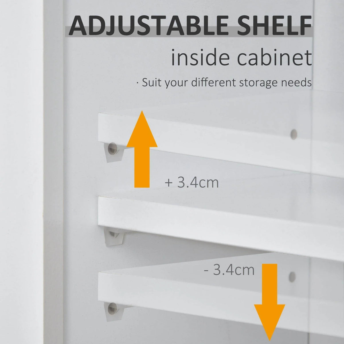 White bathroom cabinet interior with adjustable shelves behind the mirrored door