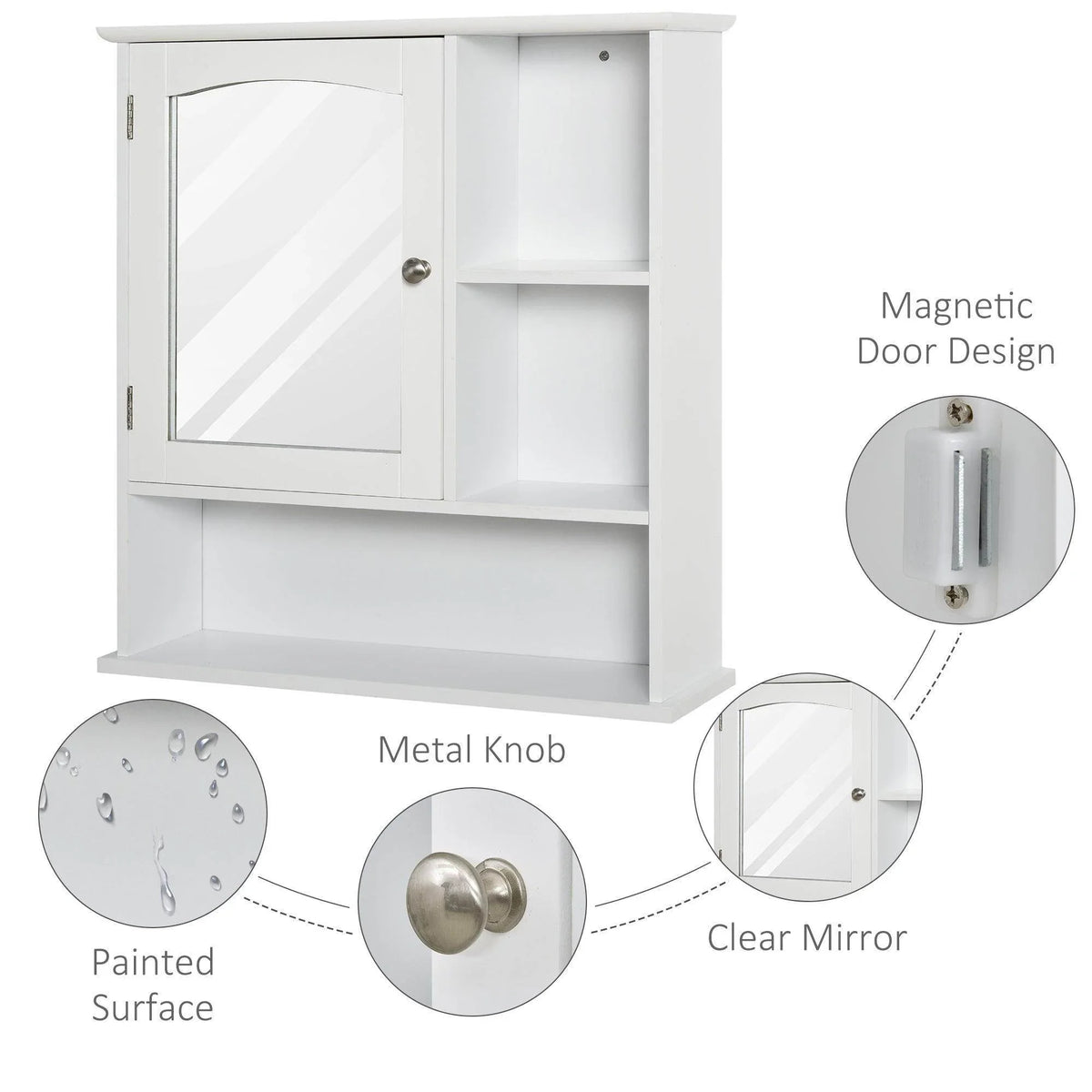 White wall-mount cabinet with clear mirrored door, metal knob, and magnetic closure