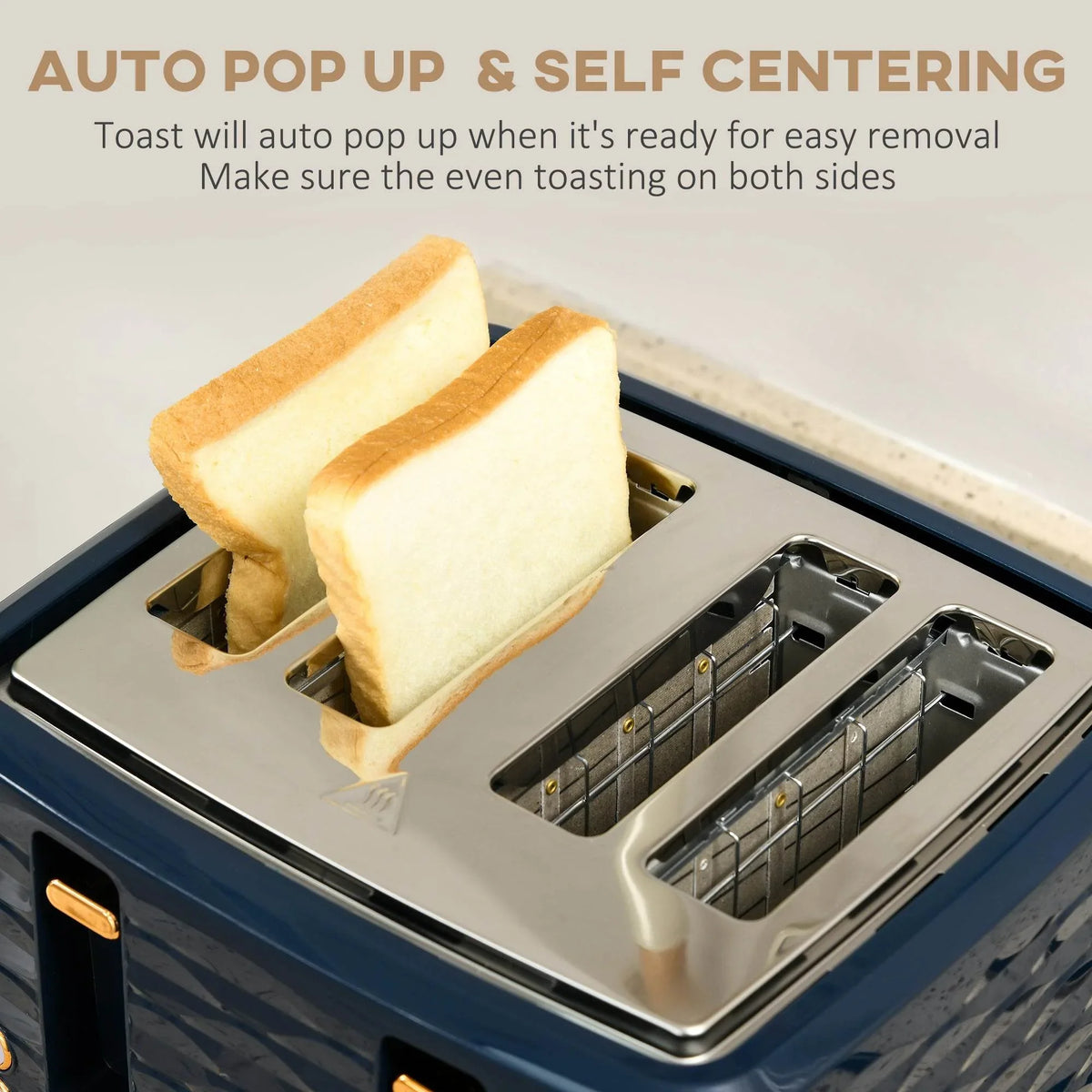 4-slice toaster showing auto pop-up bread in centered slots, dark blue