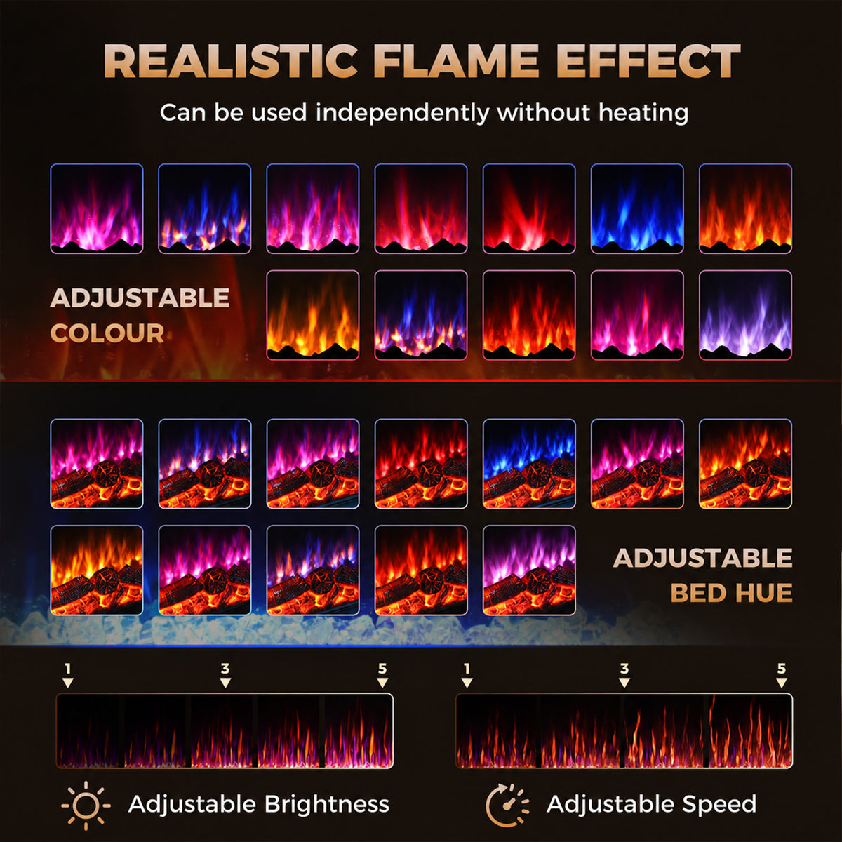 Flame effect color and brightness chart for electric fireplace, adjustable hues and speed