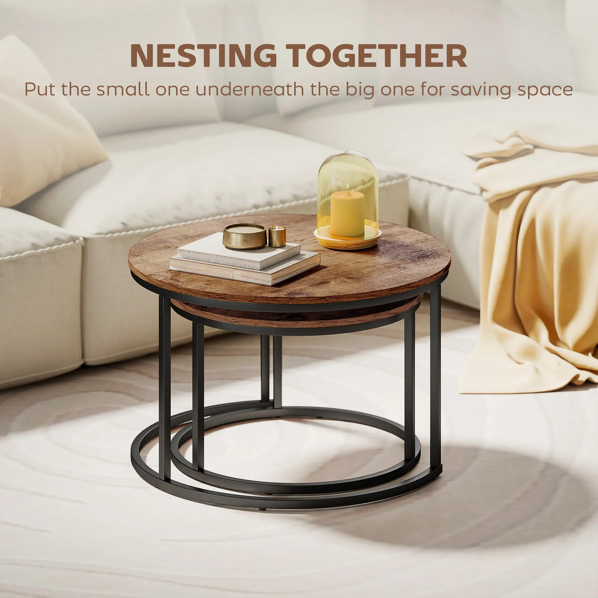 Round nesting coffee table with rustic brown top and black metal base ring