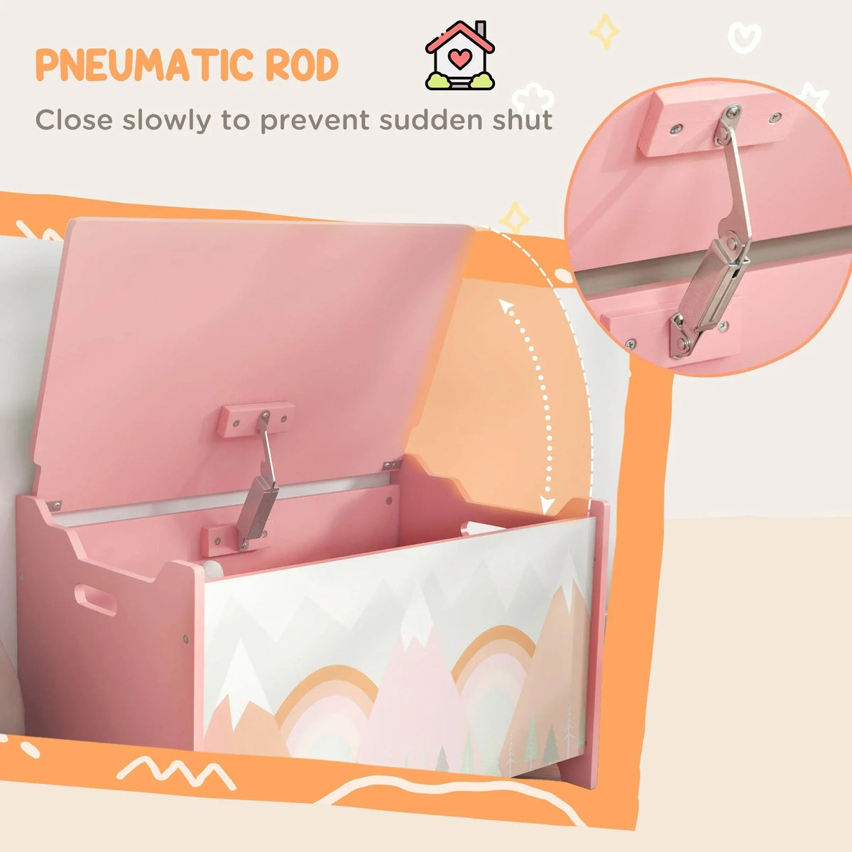 Pink toy box lid with safety hinge/rod for slow closing and front cutout handle