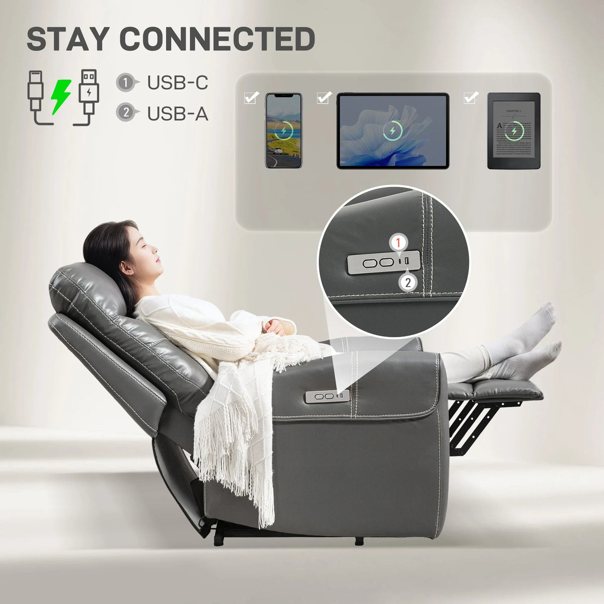 Charcoal gray recliner chair with USB-C and USB-A charging ports on the armrest