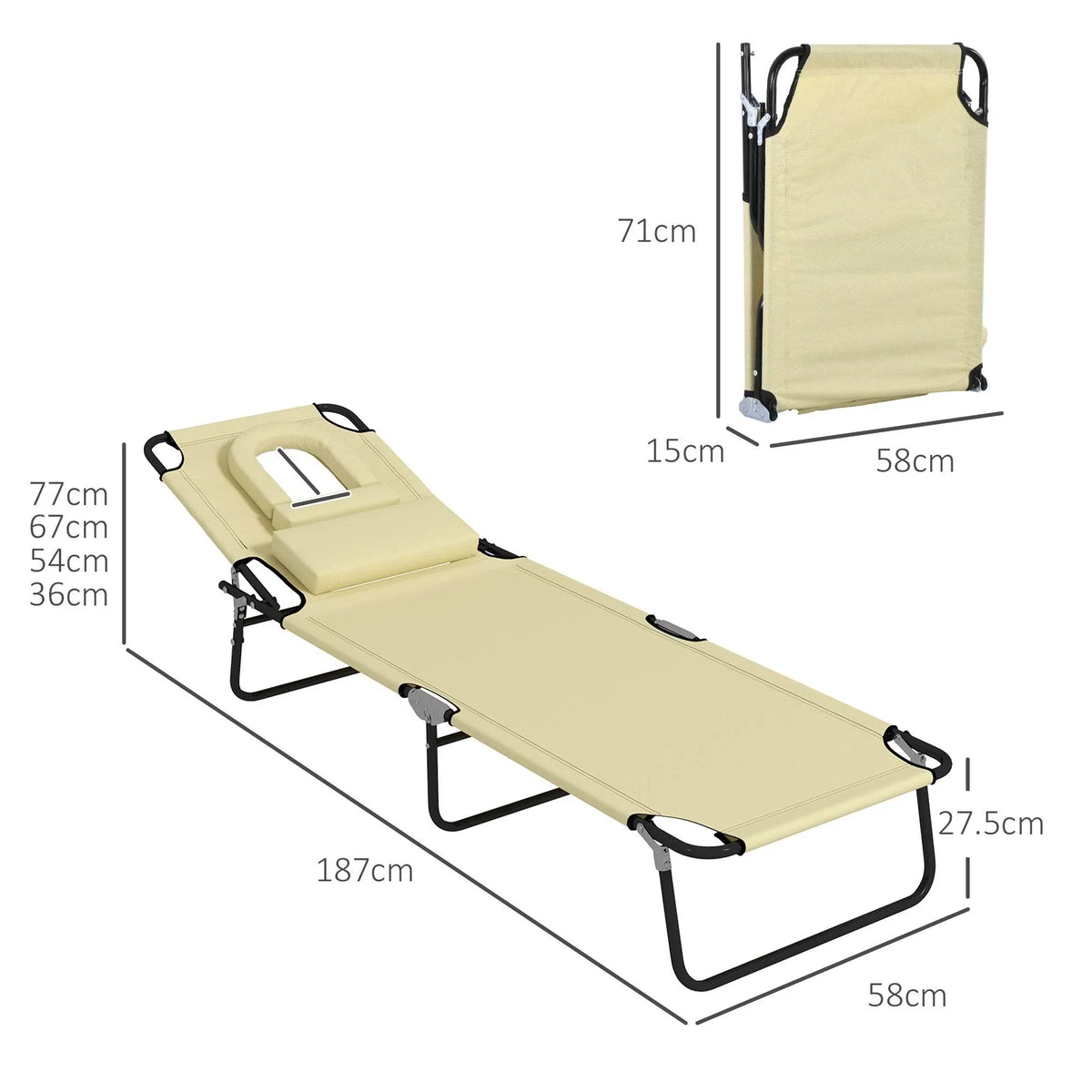 Beige adjustable sun lounger with face-hole headrest, black metal frame, recline positions