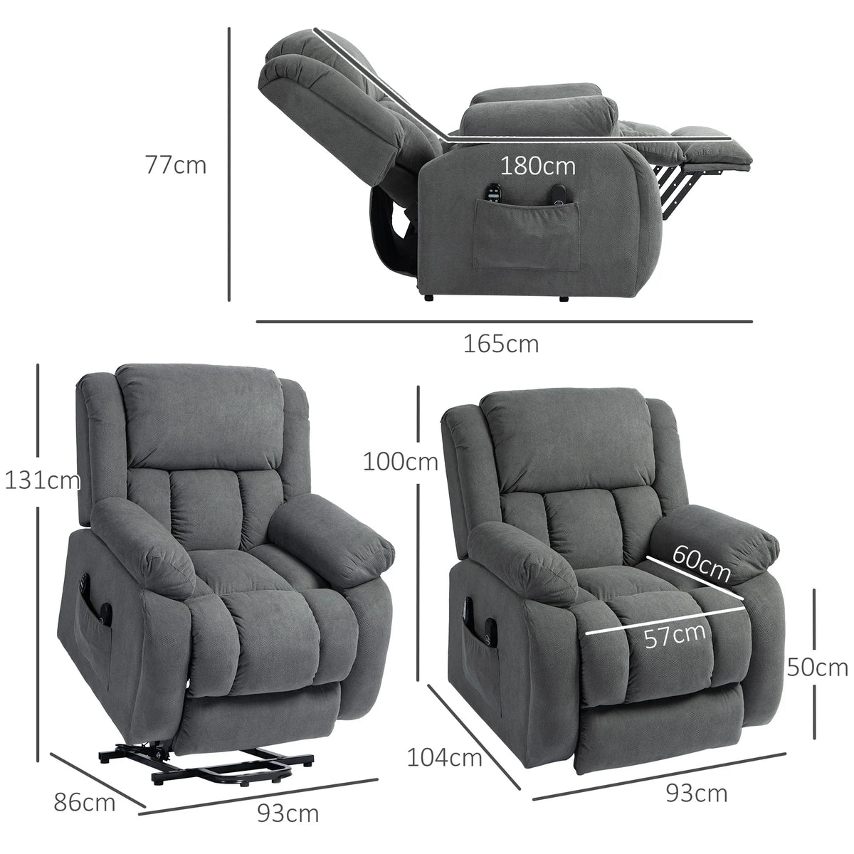 Grey electric recliner armchair with lift base and padded seat, side and front views