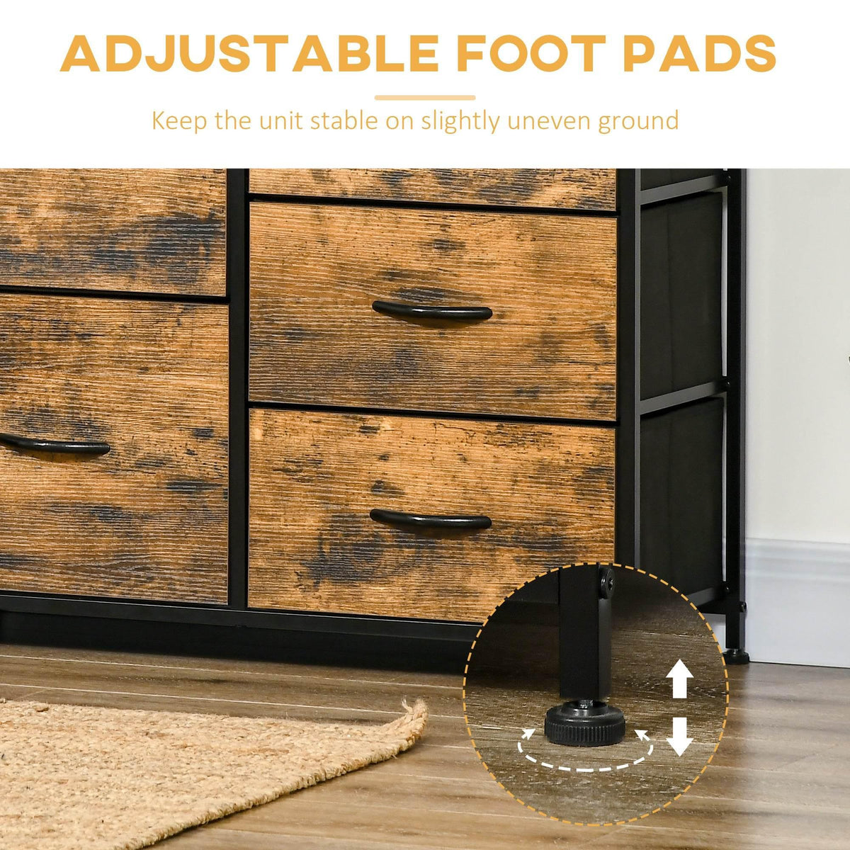 Industrial dresser with rustic brown lower drawer and adjustable foot pads on black base.