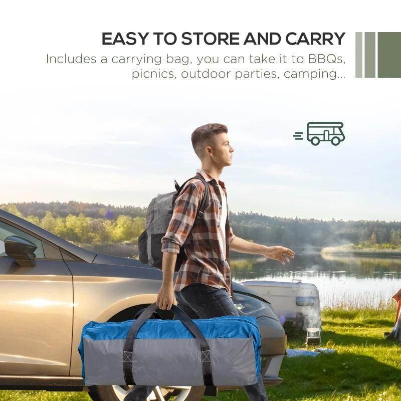 Folded dome camping gazebo in blue carrying bag for easy transport