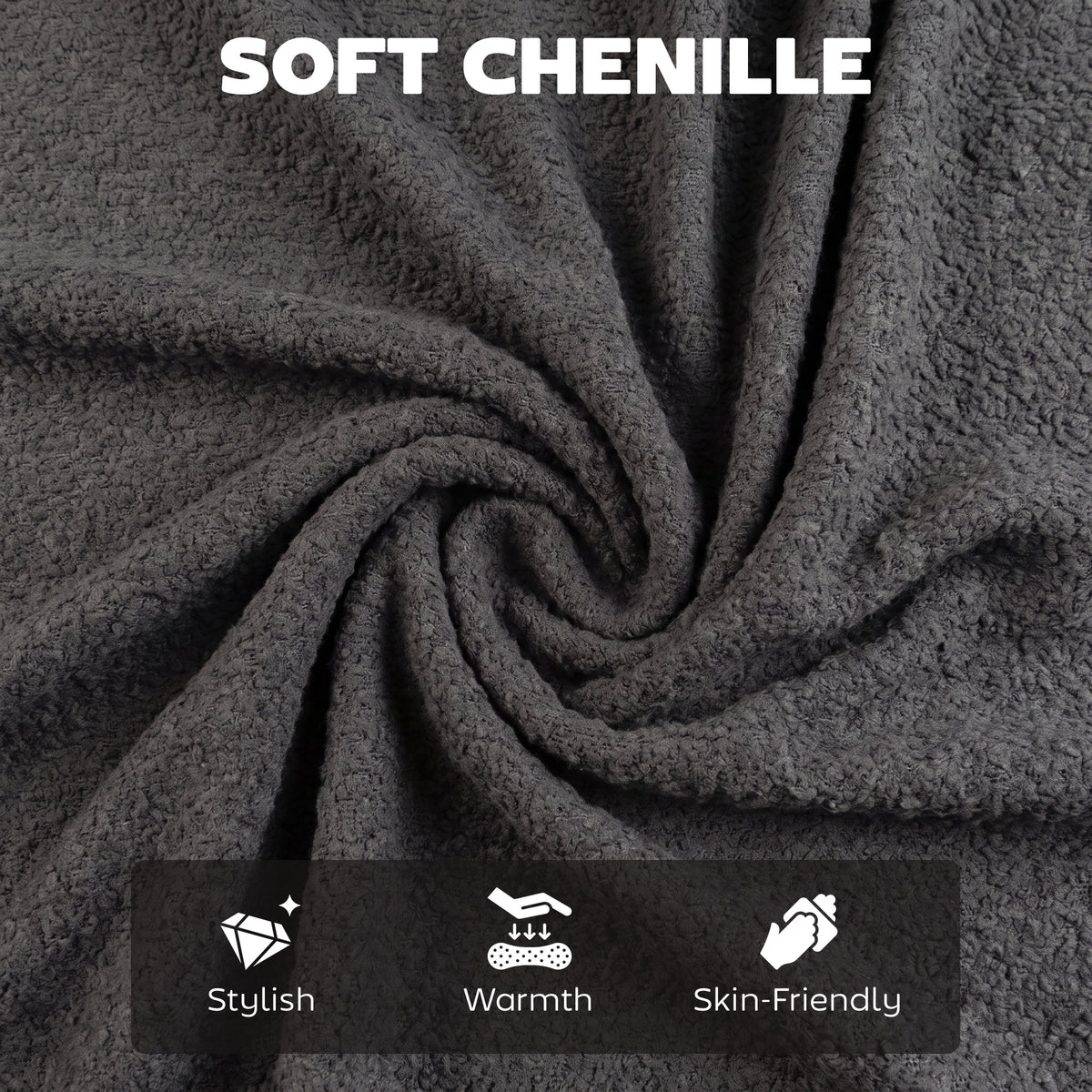 Dark grey chenille-textured upholstery fabric with soft, dense pile