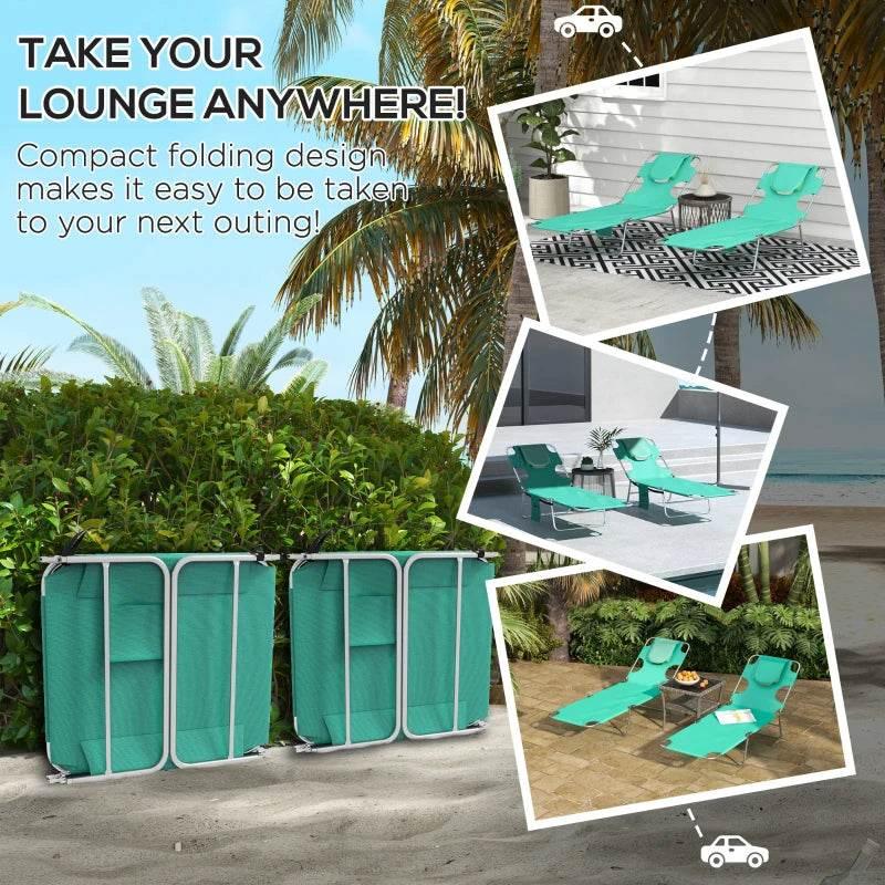 Set of 2 foldable green sun loungers with compact design and steel frames