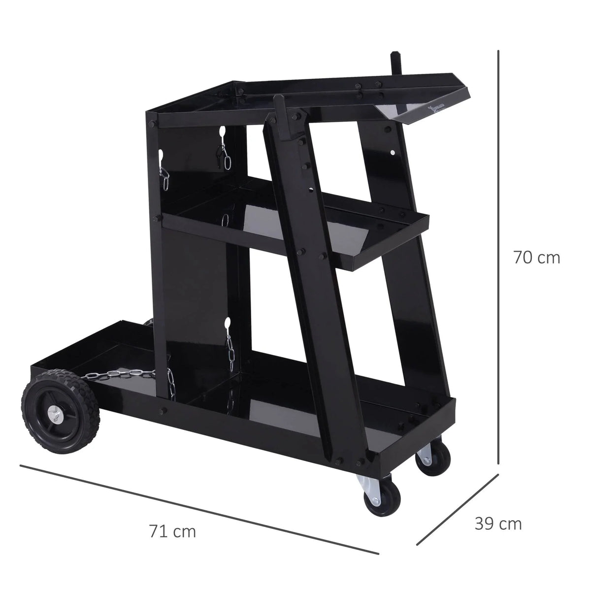 Black welding trolley cart with three tiers, safety chains, and caster wheels; dimensions shown