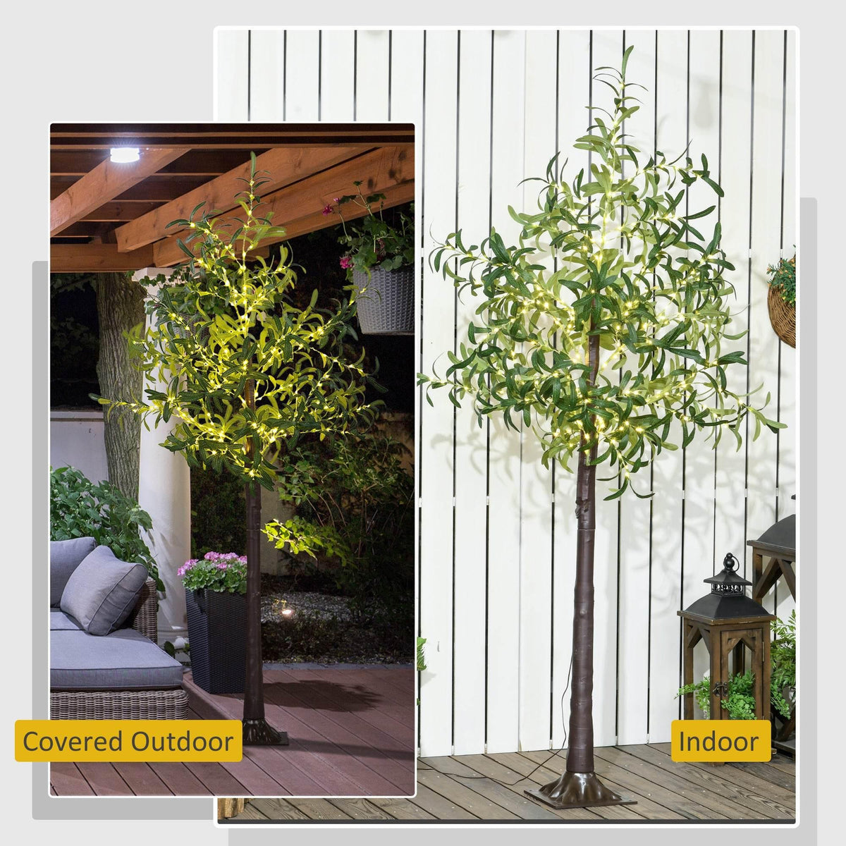 Prelit olive tree with warm white LED lights, green foliage on a brown trunk