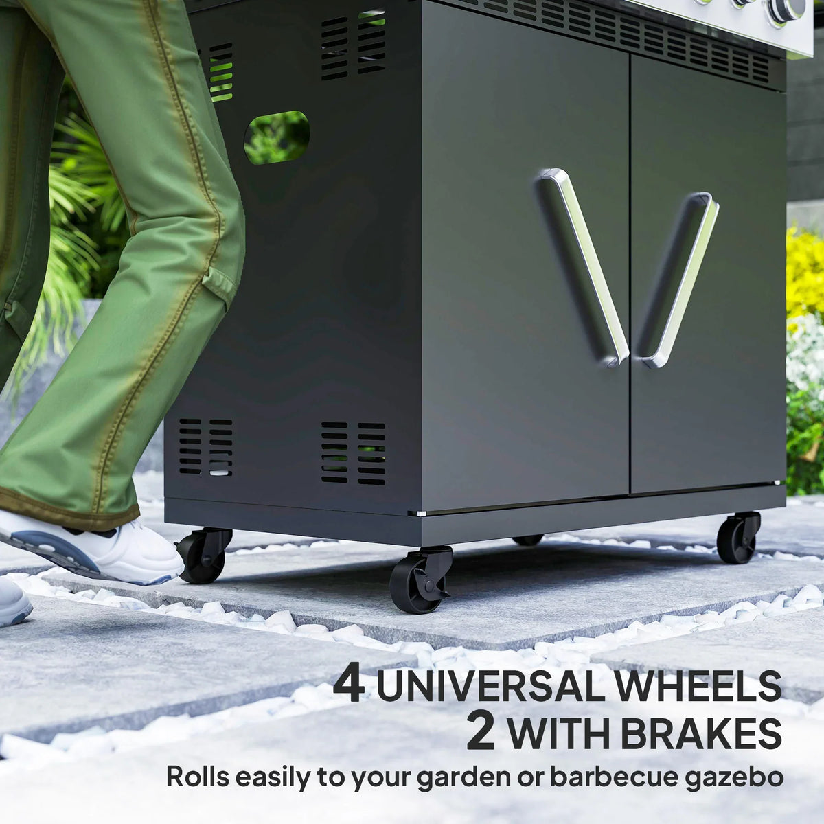 Side view of gas grill base with universal wheels with brakes on outdoor fabric cover