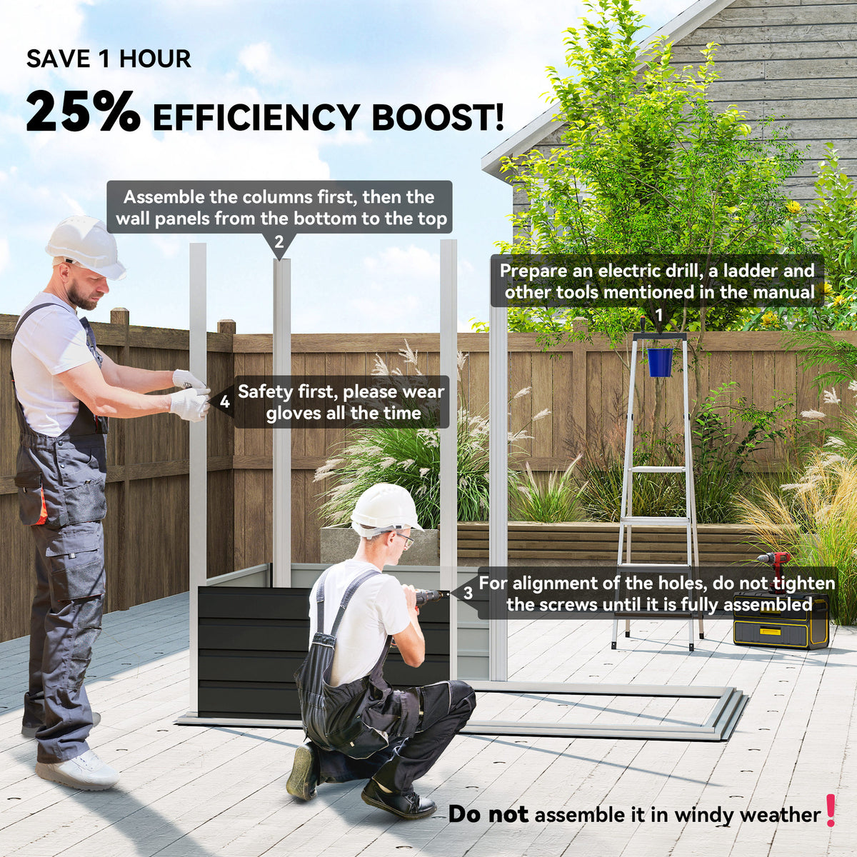 Metal garden storage shed assembly shown with workers near wall panels