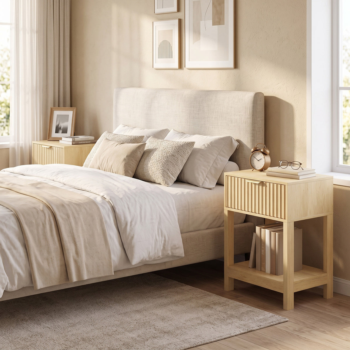 Oak nightstand with fluted drawer front and open shelf beside bed