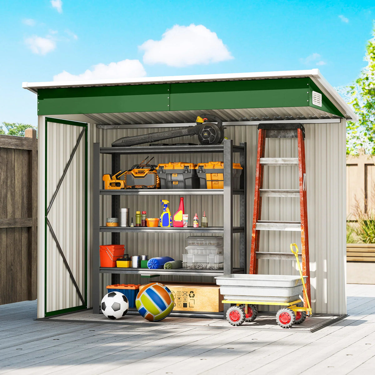 Green metal storage shed with open triple doors and organized tool storage