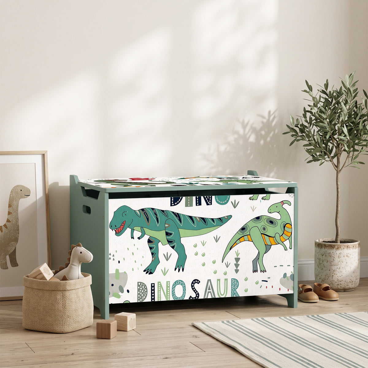 Green wooden toy storage chest with dinosaur print front and hinged lid