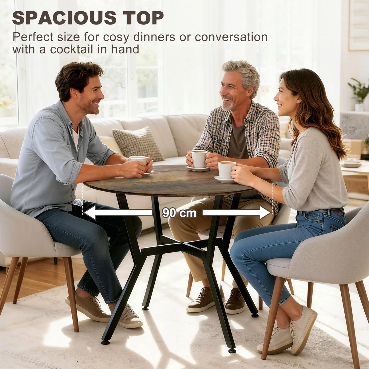 Round dining table with spacious rustic brown surface and black steel X-legs