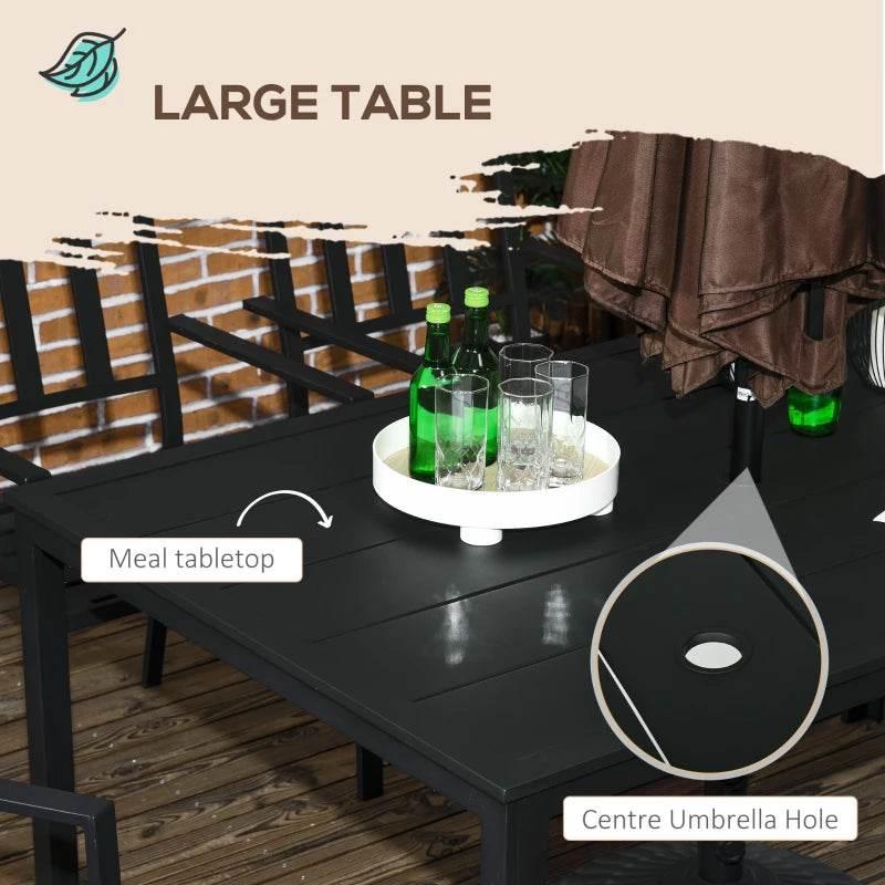Black outdoor dining table with center umbrella hole