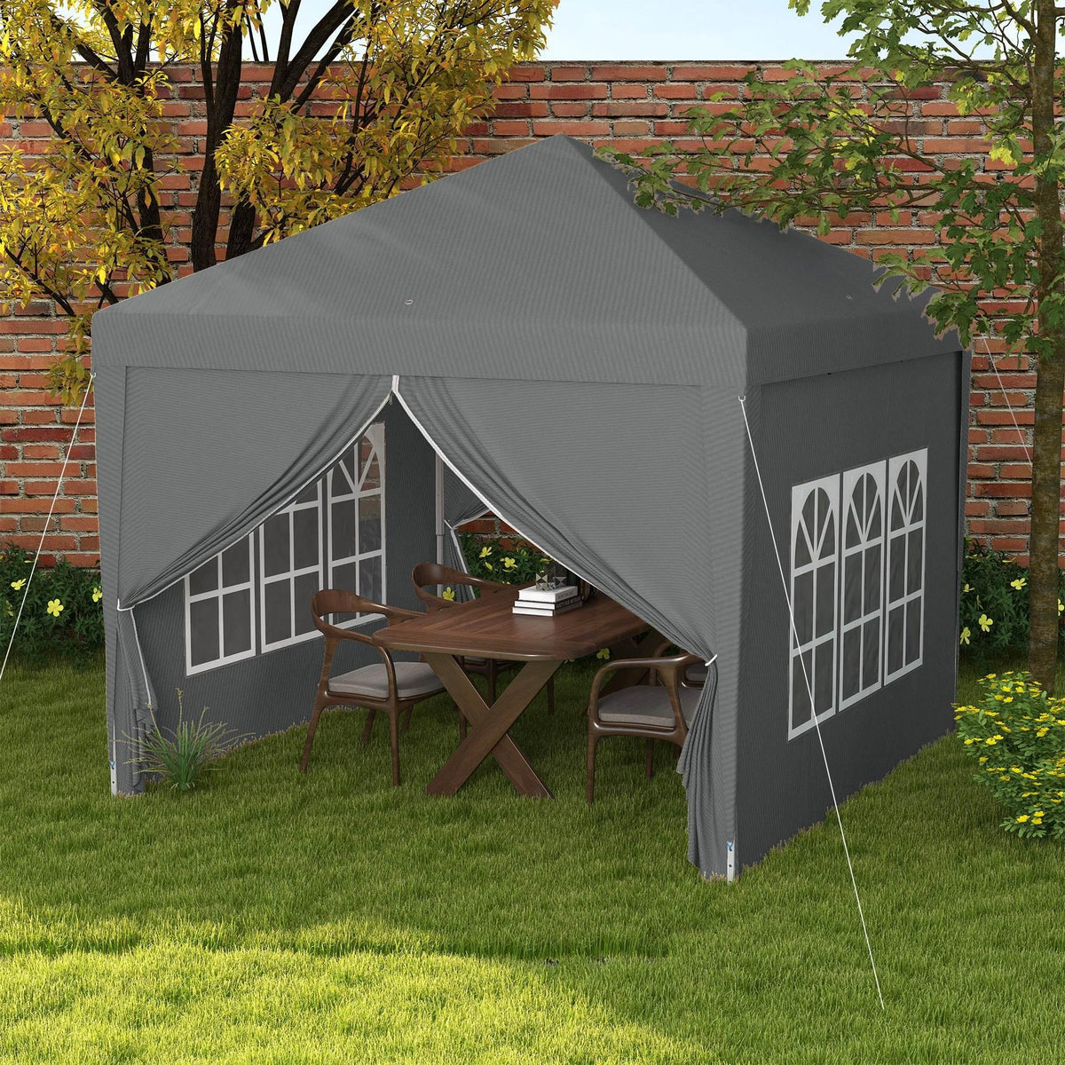 Grey pop-up canopy tent with peaked roof, side curtains, and arched window panels