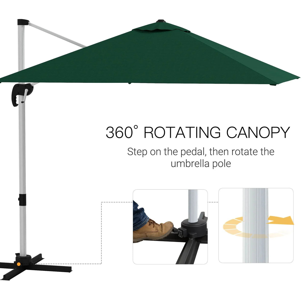 Green 360° rotating cantilever parasol with crank pole and cross base
