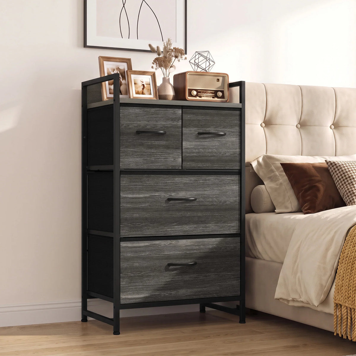Rustic grey wood-effect dresser with four drawers and black steel frame, open top shelf side view