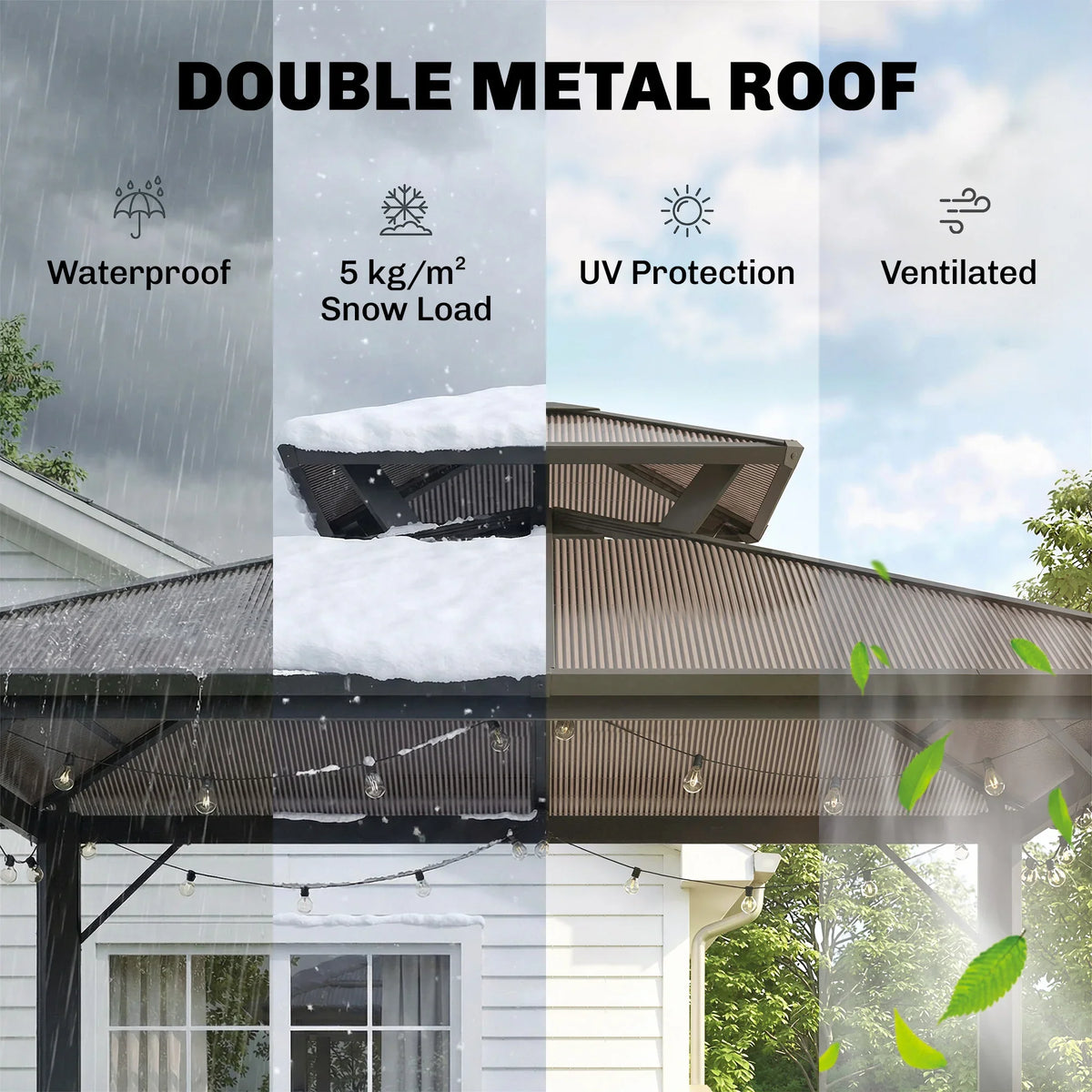 BBQ gazebo with double metal roof panels over an open shelter