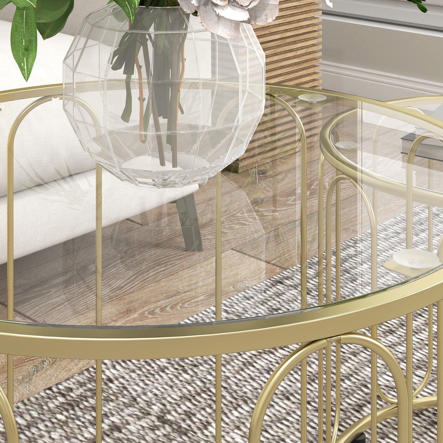 HOMCOM Elliptical Cutout Nesting Tables Gold Tone Glass Top With Metal Ring Frame Two Piece Coffee Table Set