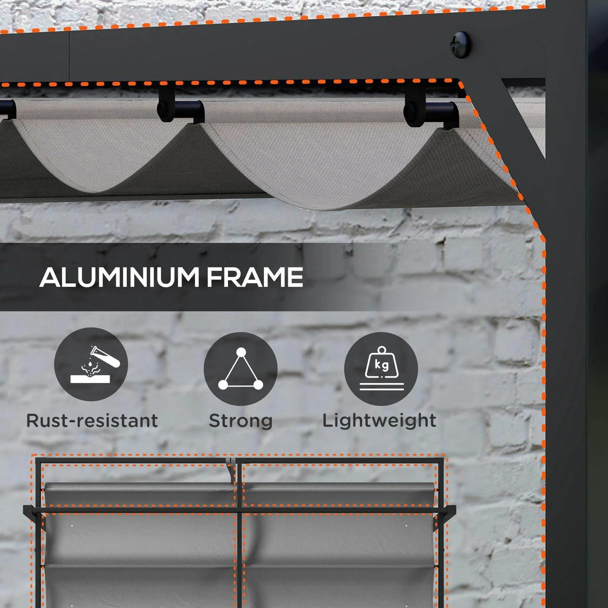 Retractable pergola canopy with dark frame, showing underside rollers and mounting brackets