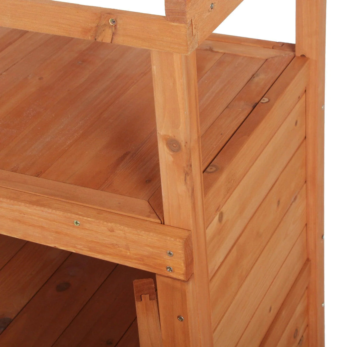Wood potting bench corner joint with reinforced frame and slatted panels