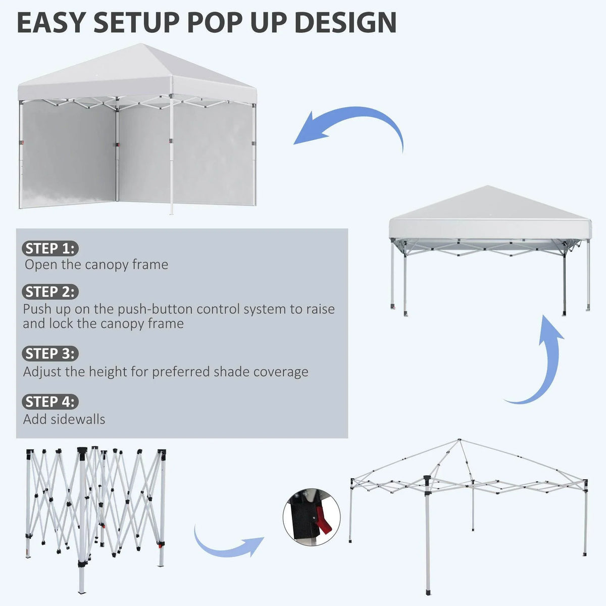 White pop-up gazebo with sidewalls; step-by-step setup design concept shown.