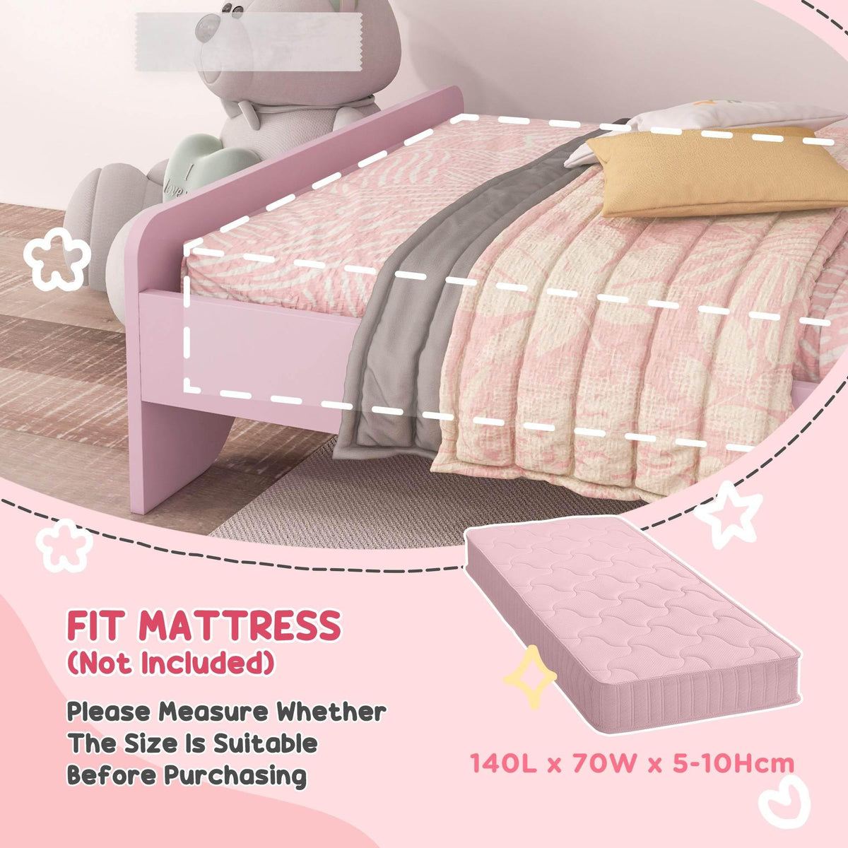 Pink kids bed frame with slatted base and raised safety side rails