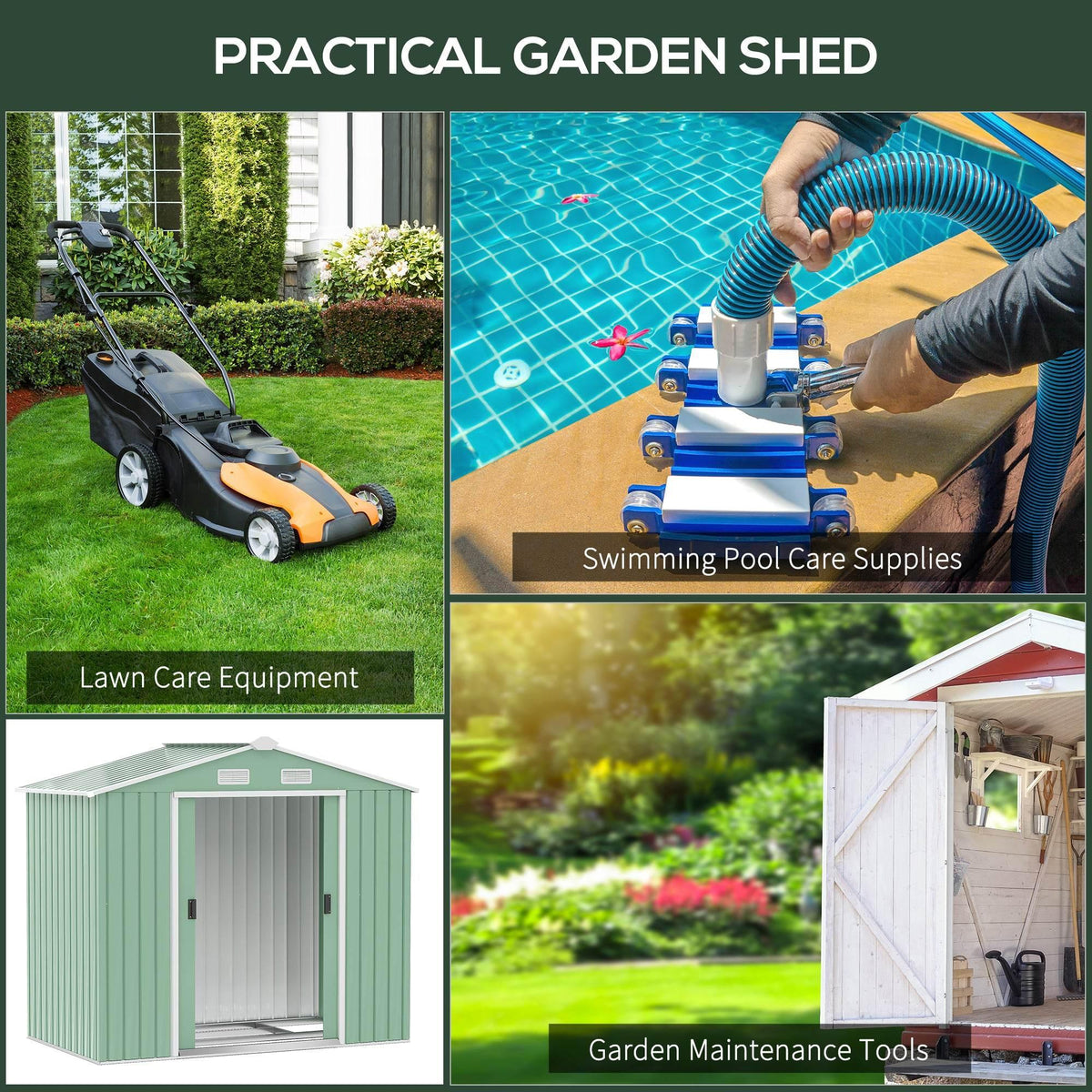 Light green metal garden storage shed with double sliding doors and ventilation windows