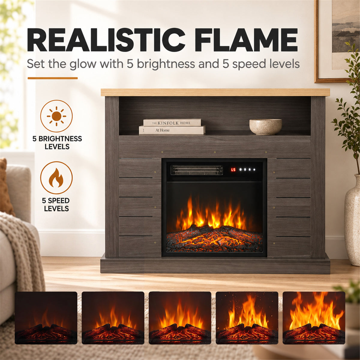 Electric fireplace insert showing flame glow inside the glass viewing window