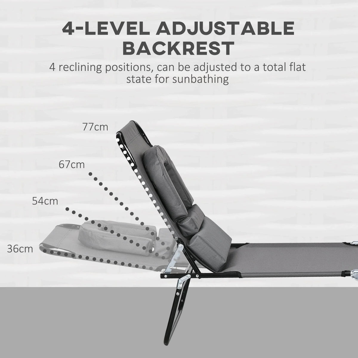 Dark grey 4-level adjustable sun lounger backrest, recline positions shown